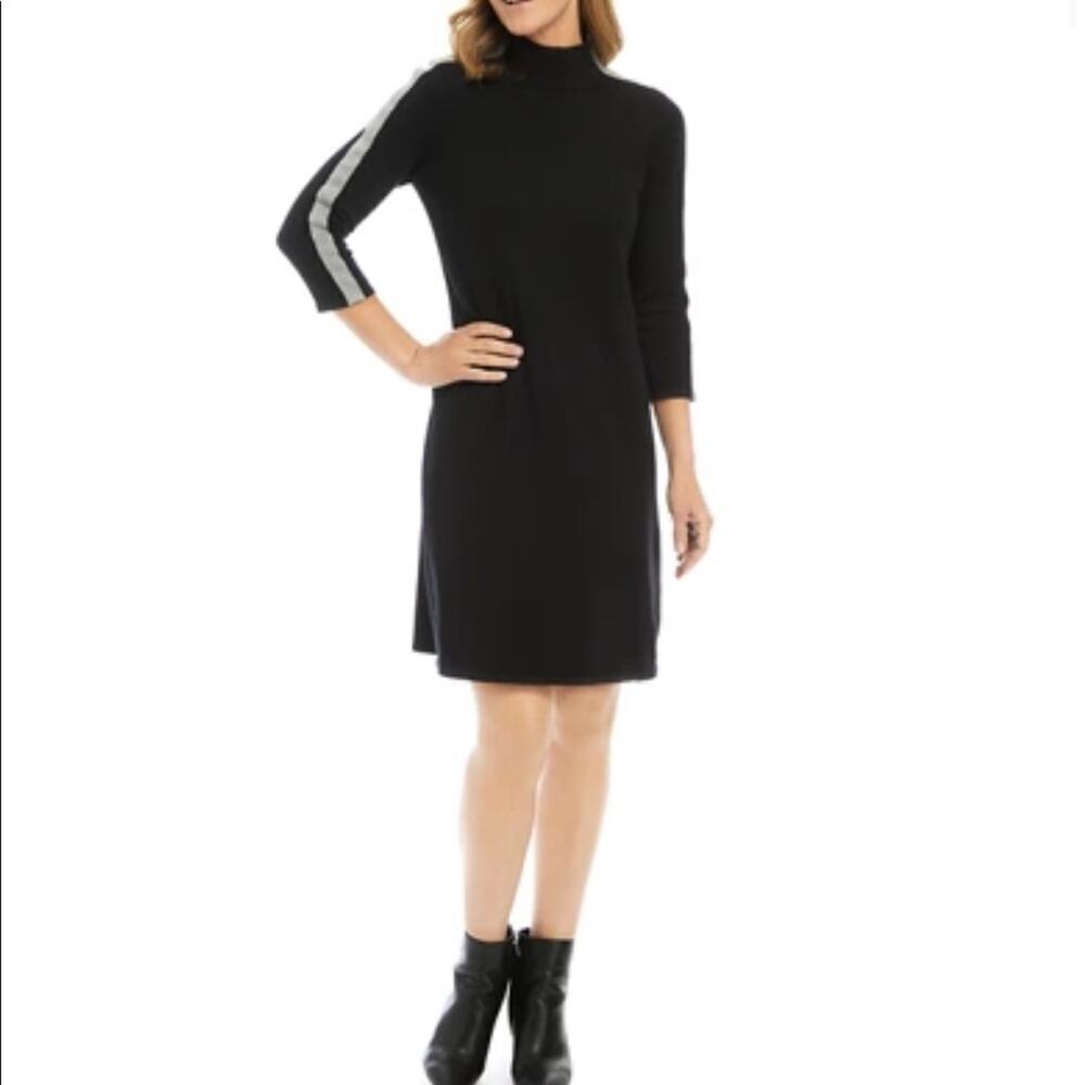 🆕 Nine West Women's Button Shoulder Stripe Sweater Dress black with grey stripe